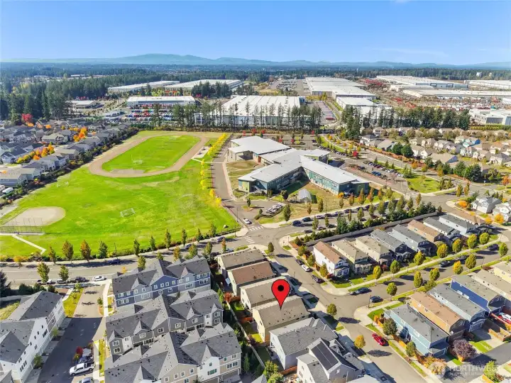 Aerial view of the Lacey neighborhood — close to schools, parks, and easy I-5 access for JBLM commuters.