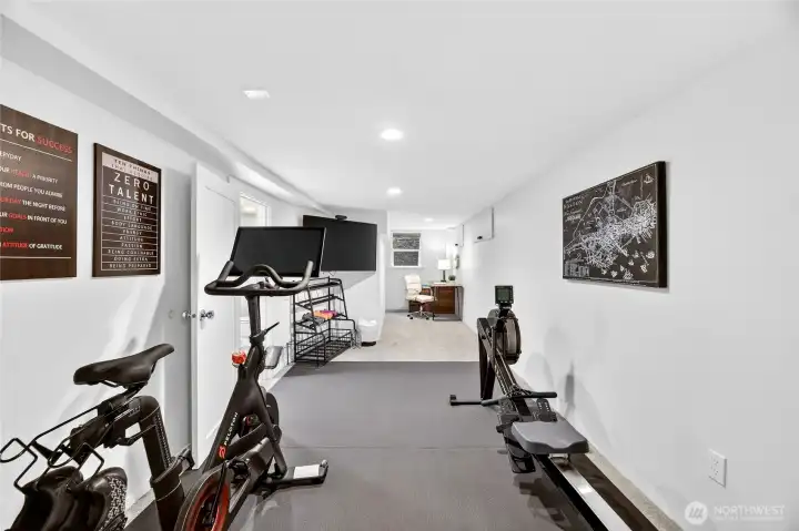 The second bedroom on the lower-level is currently used as a work out room and office.  This room also offers additional storage beyond the closet.