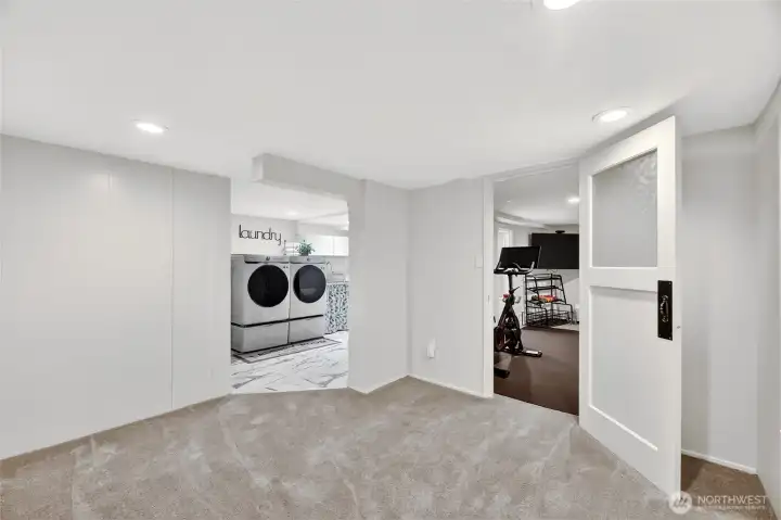 The lower-level offers more built-in storage that is out of the frame.