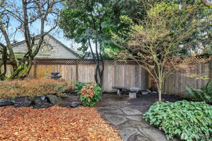 Sit and relax while the water feature gurgles in this Zen-like backyard.  The water fountain is controlled via built-in remote system inside the family room.