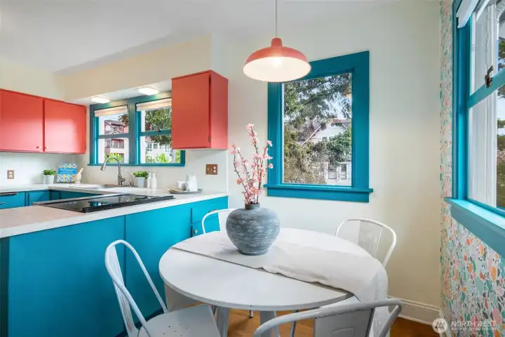 Sweet breakfast nook in the open kitchen. Sweet breakfast nook in the open kitchen.