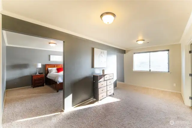 Spacious bedroom with a dedicated living area, offering comfort and privacy