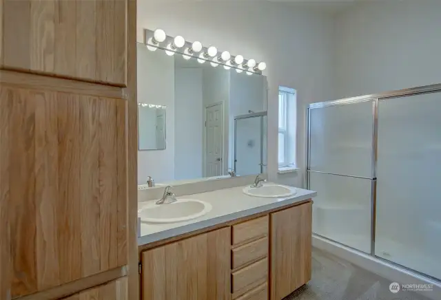 Primary bathroom has double vanity, walk-in shower, 2 linen closets