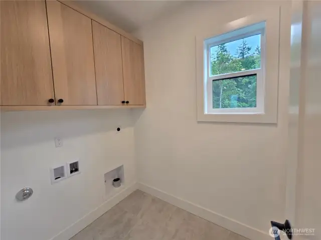 Laundry room with upper cabinets