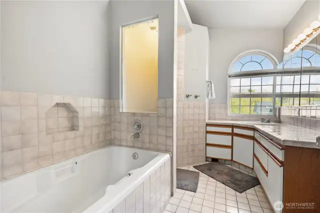 Spacious 5-piece bathroom featuring a separate soaking tub and a tiled shower for a spa-like experience