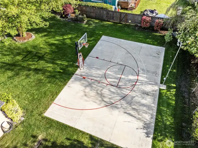Versatile sports court nestled among lush, mature landscaping—ideal for basketball, pickleball, and more."