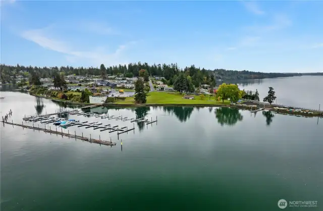 Aerial view of beautiful Carlyon Beach private beach and marina. No big crowds to contend with and easy access and parking near the Clubhouse.