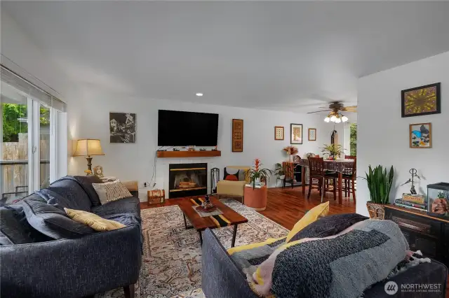 The wood fireplace is nice for chilly nights. Notice the perfect spot for the big tv above the fireplace.