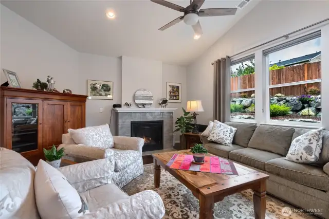 Living room with gas fireplace.