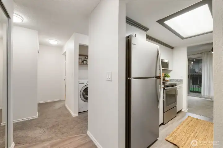 Bright paint & lighting keeps the space cheery