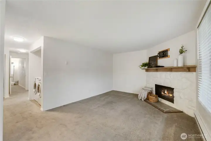 There is plenty of space for your furniture. *The TV mount above the fireplace is ready for your TV or can be removed if requested