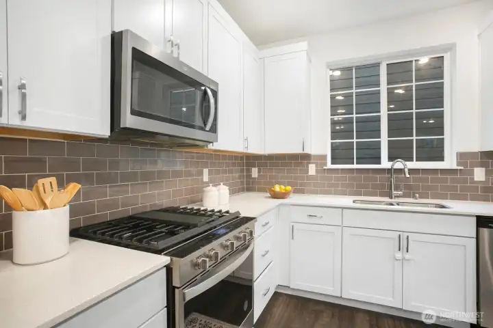 Natural light flows through the kitchen
