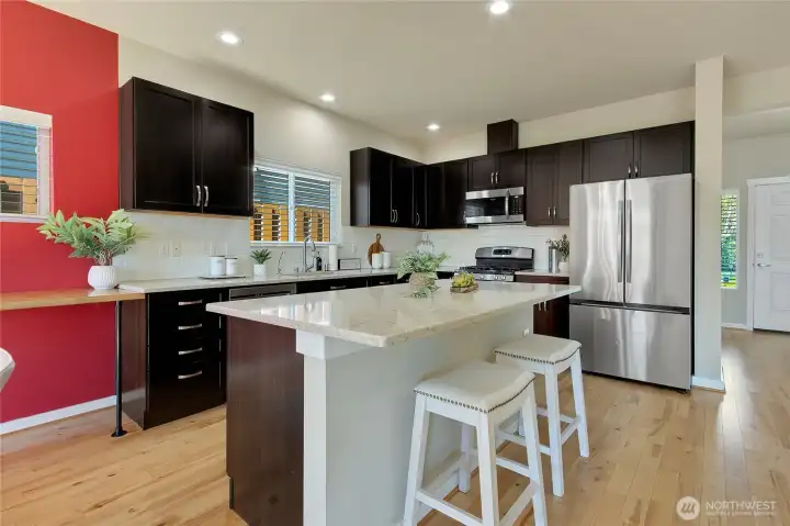 Kitchen island + additional work surface for coffee bar, desk, or baking station.