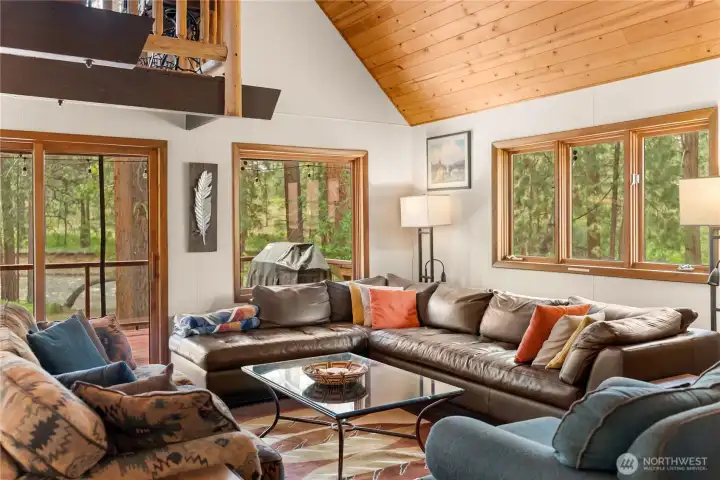 Spacious living room with nature out every window.