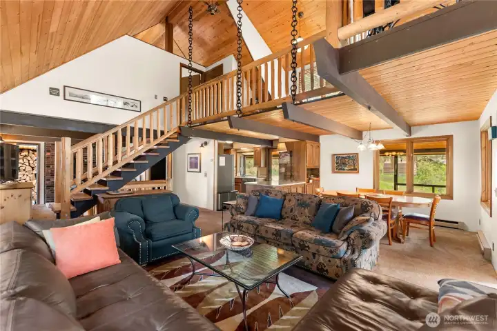 Open floor plan and high vaulted ceilings.