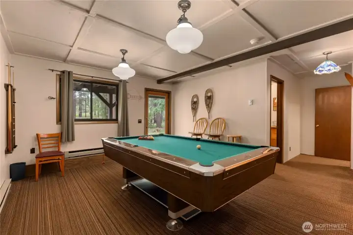Daylight basement rec room opens out to the patio.