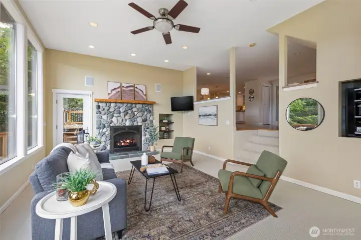 The living room is large for entertainment yet, and also great for a suit down by the fire with a great book.