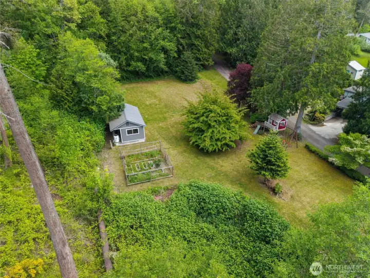 Areial view of the garden, shop and tree house