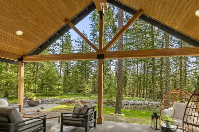 Beautiful covered back porch with protected ravine.