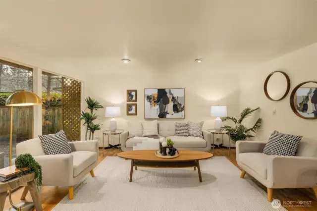 Living room opens to kitchen and dining nook