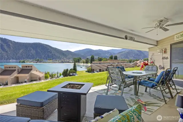 Spacious covered patio with Lake and Mountain Views