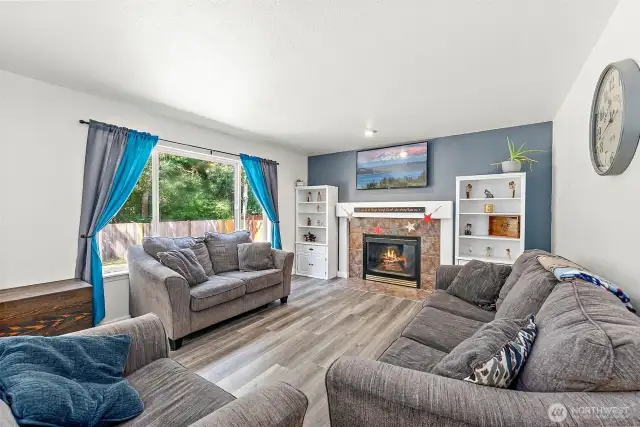 Gas fireplace in Family room brings ambiance and provides winter warmth.