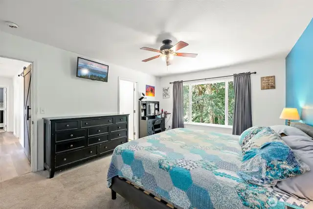 Large window brings natural lighting into the Primary Suite, complete with private bathroom and walk-in closet.