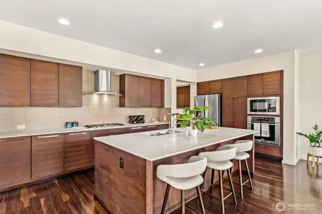 Open chef’s kitchen with stainless steel appliances