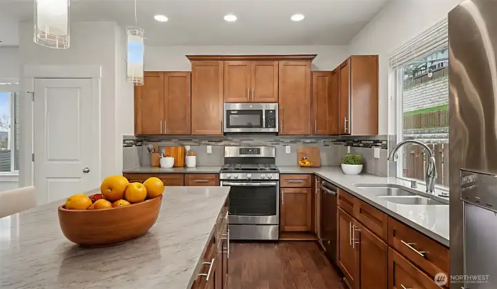 Open gourmet quartz kitchen.