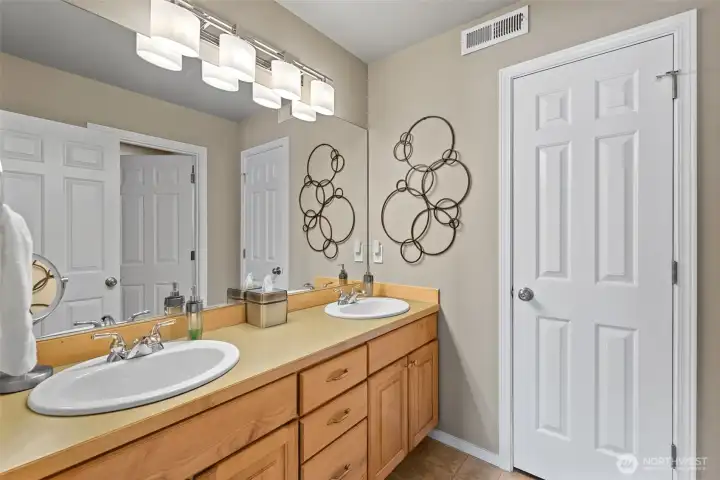 Lower-level full bathroom off the family room features dual sinks and a walk-in shower.