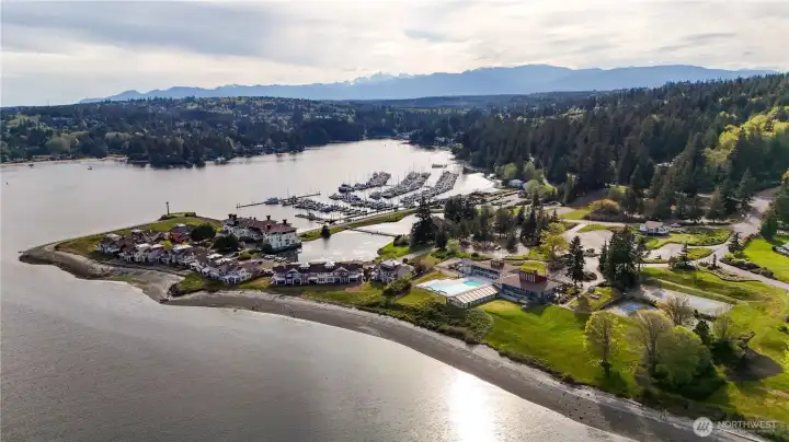 Aerial shot of Port Ludlow Inn and marina with expansive  views across Ludlow Bay and this scenic stretch of Admiralty Inlet.