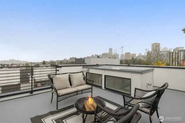 Equipped with outlets, this outdoor roof deck is the perfect spot to enjoy a morning coffee or evening drink while soaking in the view - what a great place to enjoy the fresh air and the sights of the city!