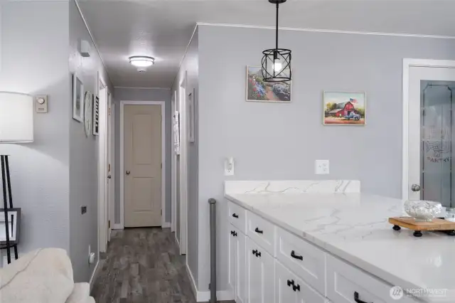 Quartz counters and tons of storage on this oversized peninsula!