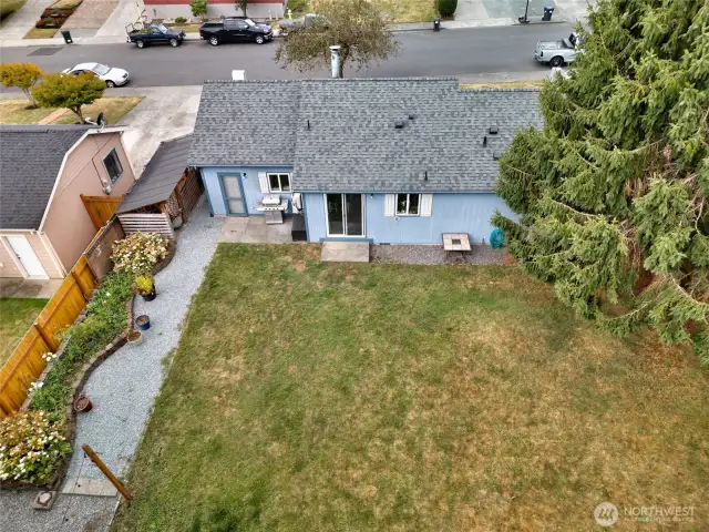 Backyard is large & level!