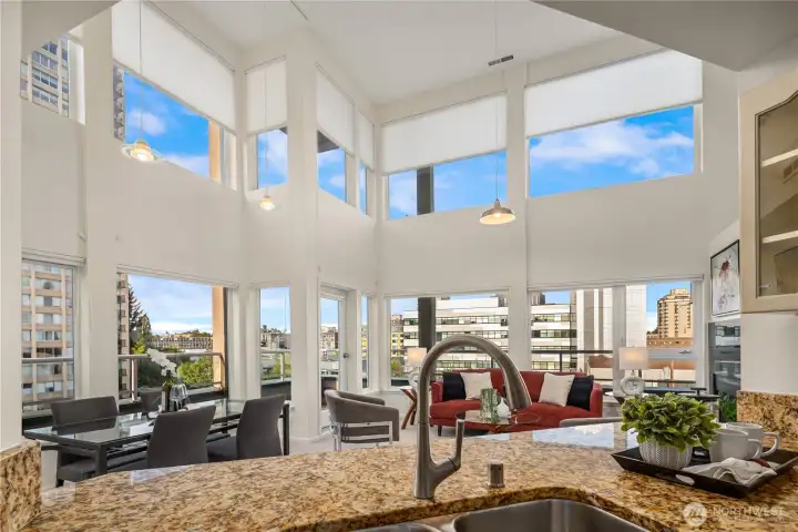 Open concept kitchen looks out to the living room and dining room area which makes great for entertaining