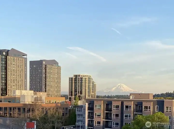 Get amazing views of Mt. Rainier and the Cascade Mountains from the private balcony and living room area.