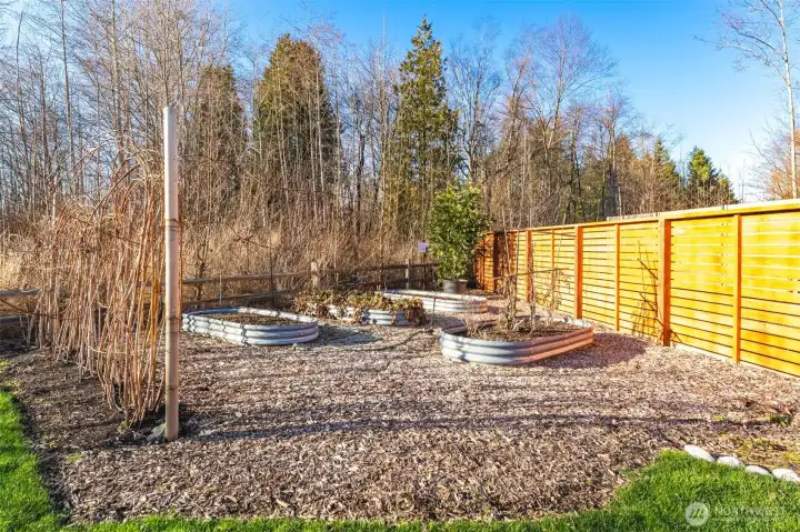 Fresh cedar fencing frames the yard while raised beds provide space for gardening and planting. Raspberries and strawberries are among the juicy harvest.