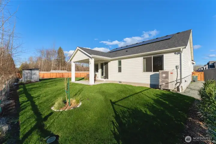 Back of home showcasing roof-mounted solar panels and energy-efficient exterior systems.