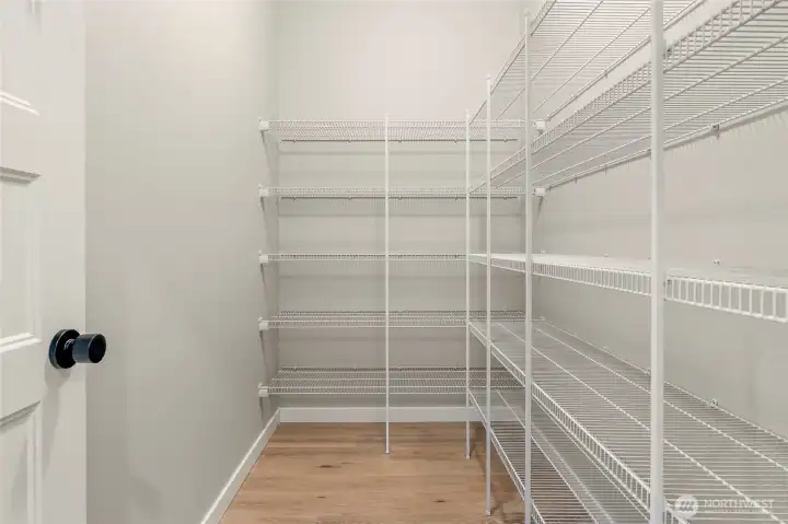 Capacious pantry off kitchen is conveniently located next to garage door.