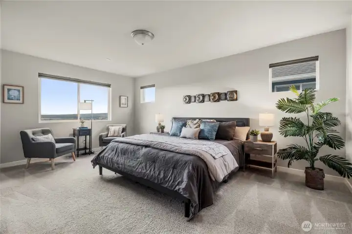 The main bedroom is generous, with two walk-in closets, lots of windows, and the west-facing view.