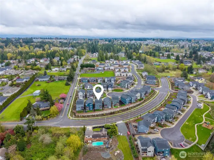 Aerial view of neighborhood, looking eastward.