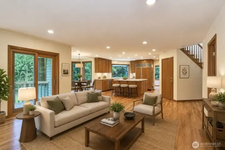 Virtually staged family room off kitchen