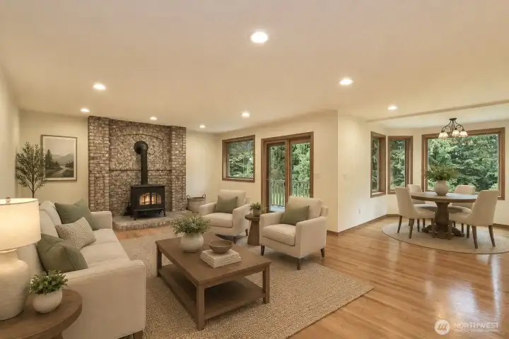 AI staged family room with wood burning fireplace and deck