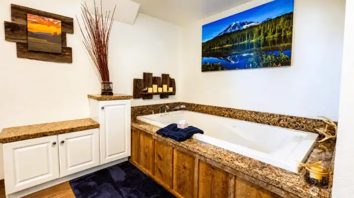 Jetted tub with locally milled wood surround Jetted tub with locally milled wood surround