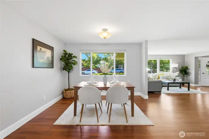Large windows bring in natural light and create a bright, cheerful atmosphere.