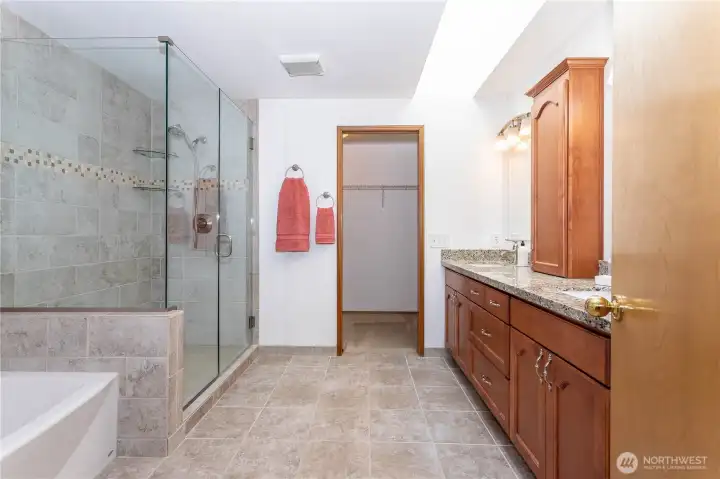 Large tub, large shower, double vanity, skylight & spacious walk in closet of primary bedroom