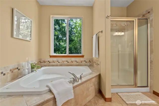 Main level primary en-suite bath with soaking tub