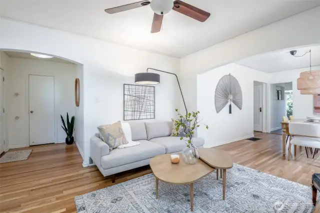This inviting living room is full of natural light.