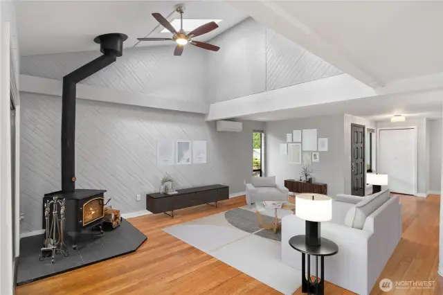 The main living space is fabulous, with both a wood-burning stove and a mini-ductless split that both heats and cools the room. Skylights, ceiling fan, vaulted ceilings, wood beams and beautiful bamboo floors shine in this fabulous 3-bedroom condo.