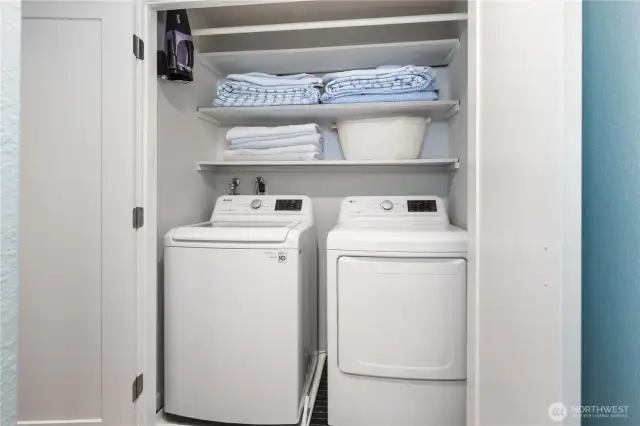The full size, 3-year old LG washer & dryer will stay with the sale, as will the shark hand-held vacuum. The laundry closet has lots of storage, too.